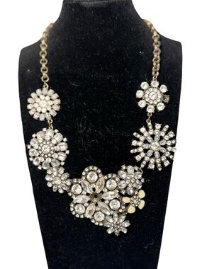 Statement Floral Crystal Bib Necklace - Silver Tones